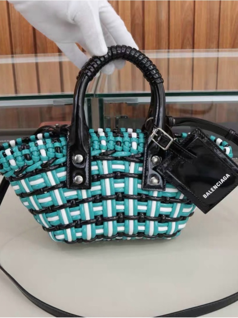 Balenciaga Black and Teal Woven Crossbody Bag